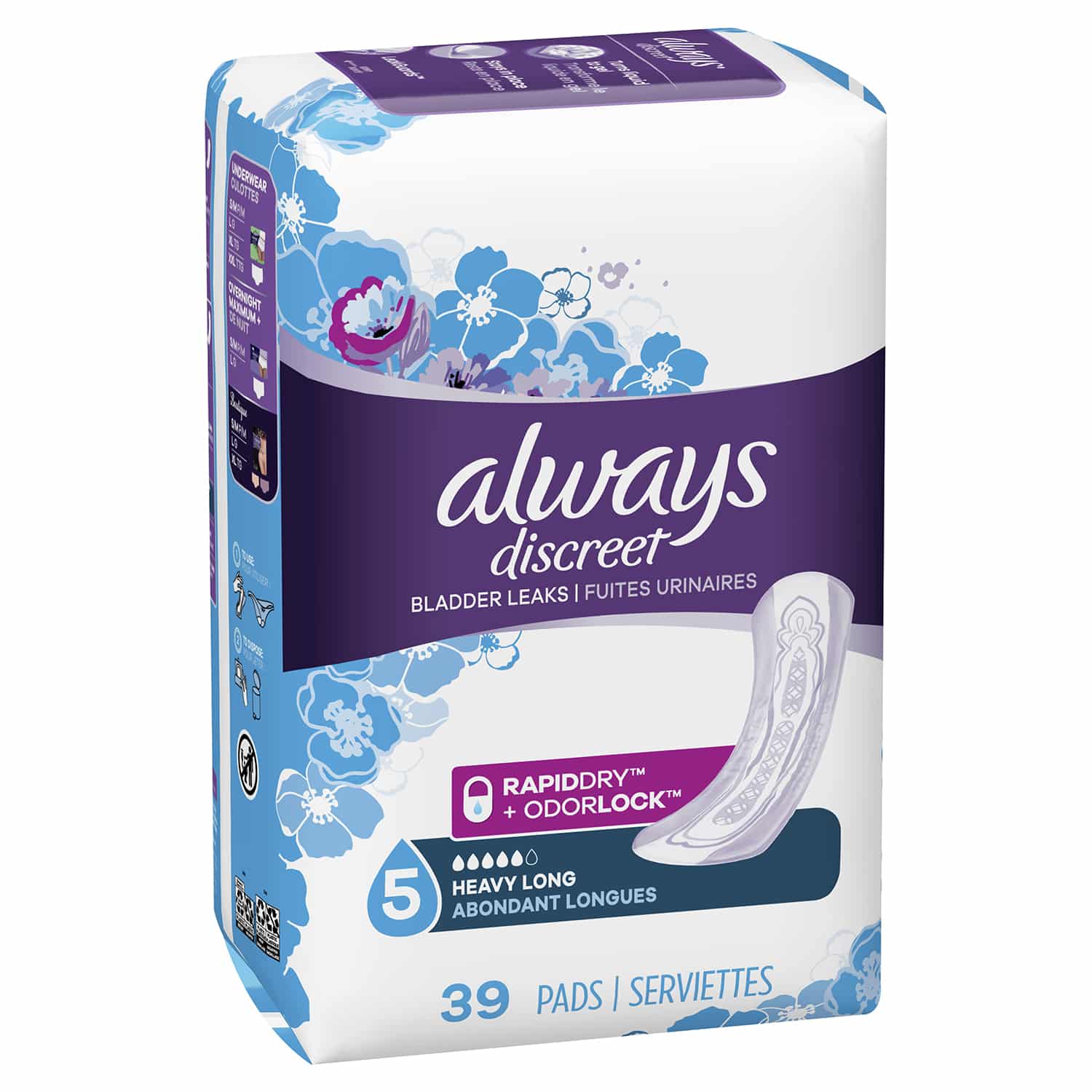 Always Discreet Bladder Leaks Incontinence Pads, Long Length, Heavy ...