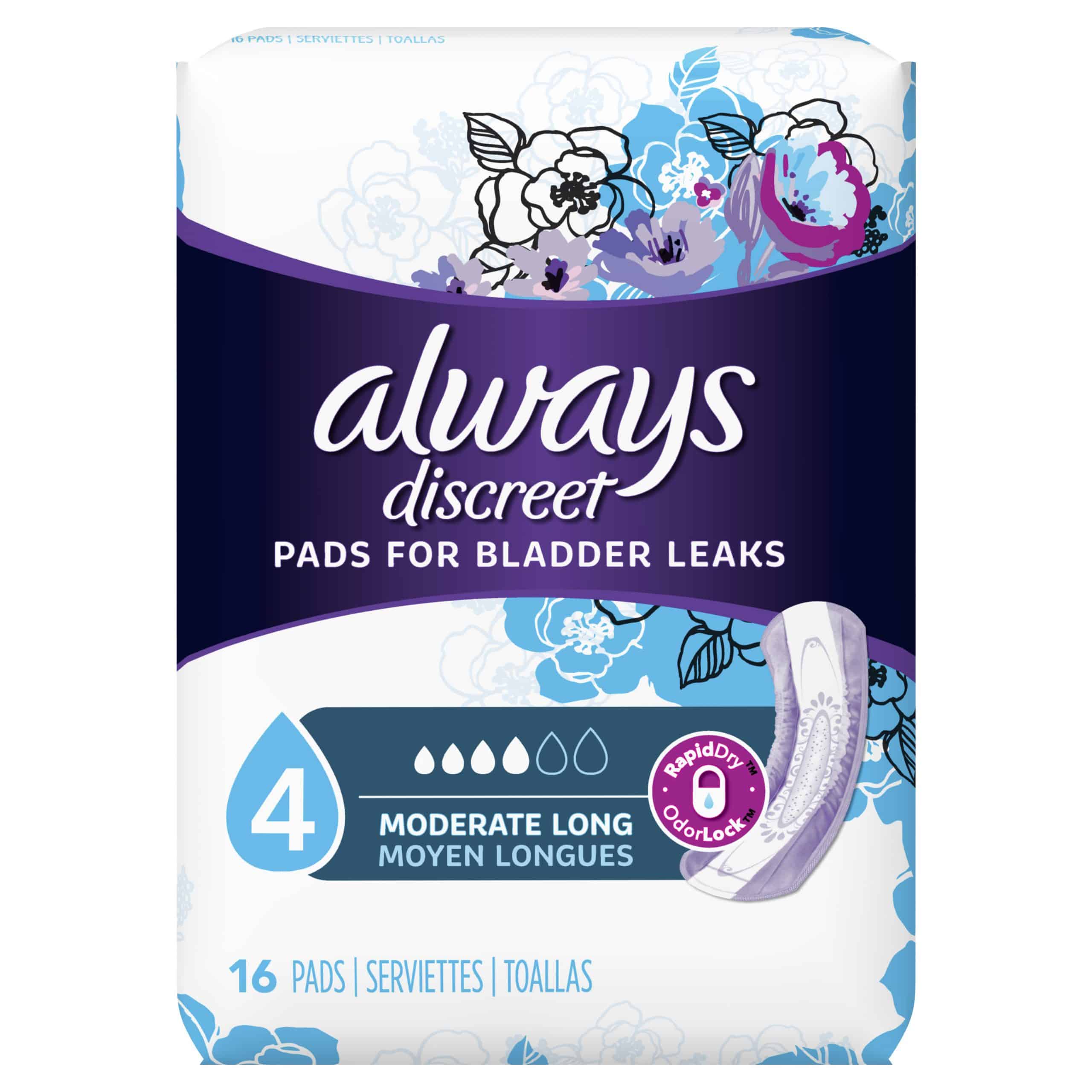 Always Discreet Incontinence Pads for Women, Moderate Absorbency, Long ...