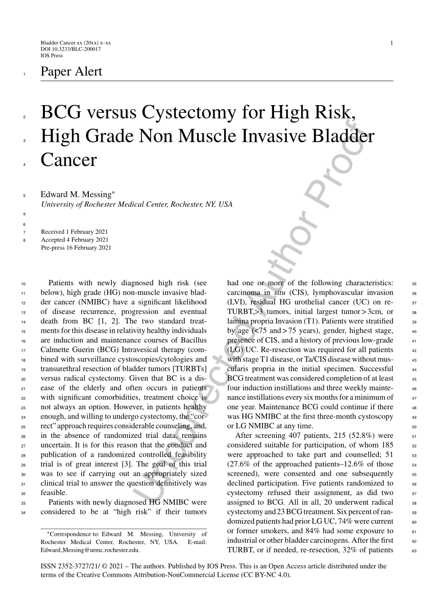 (PDF) BCG versus Cystectomy for High Risk, High Grade Non ...